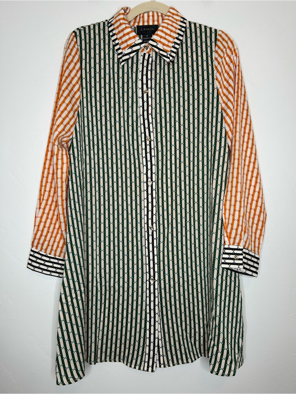 NWT‎ Gracia Green Orange Black Striped Button Up Shirt Dress Size Medium Office